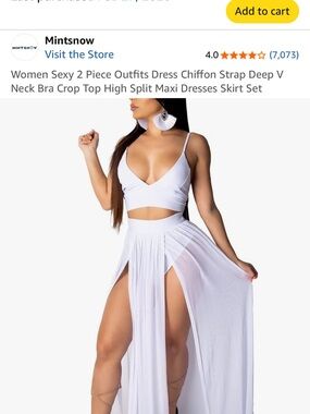 Amazon White Two-Piece Maxi Dress Set - Deep V Crop Top & High Split Skirt